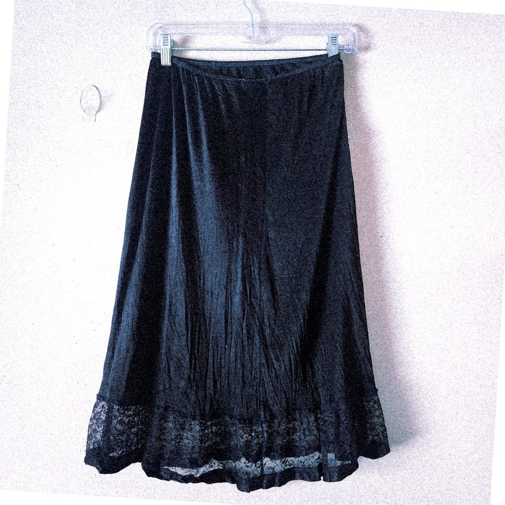 Black Slinky Satin Midi Slip Skirt Lace Trim S/M Vamp Indie Cocktail Capsule
